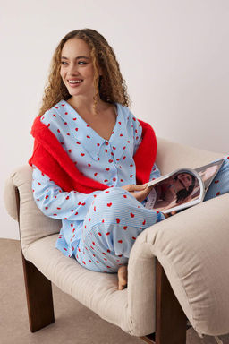 Mavi-Cok Renkli Cizgili Shally Dokuma Pijama Tak?m? THMAW26PT00106