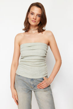 Trendyolmilla Ekru Drape Detayl? Lurexli/Simli Straplez Esnek Orme Bluz TWOSS24BZ00136  фото 29
