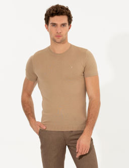 Bej Slim Fit Bisiklet Yaka Triko T-shirt