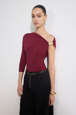 Murdum Fitted/Vucuda Oturan Asimetrik Yaka Aksesuar Detayl? Esnek Orme Bluz TWOSS26BZ00264