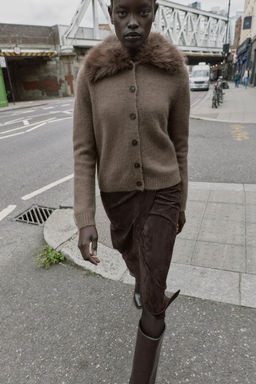 FAUX FUR LAPEL KNIT CARDIGAN