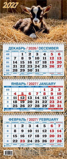 Календарь квартальный настен. 3-х блочный, 195*465мм, 2027г. "Год козы. Вид 2" (КМ03-27)