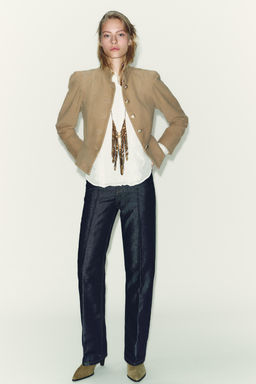 FAUX SUEDE PADDED SHOULDER BLAZER