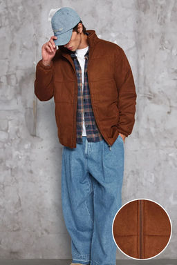 Trendyolmilla Man Kahverengi Regular Fit Suet Dik Yaka Hafif Dolumlu Ceket Mont TMNAW24MO00011