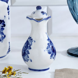 Набор для специй на подставке с молочником (питчером) «Весенний», 4 предмета, фарфор, гжель