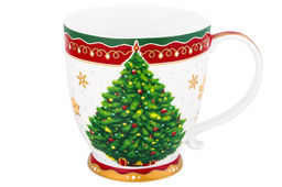 Кружка 500 мл 13,5*10*10,5 см на ножке Новогодняя елка красный узор NEW BONE CHINA