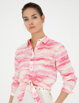 Pembe Crop Top Uzun Kollu Keten G_mlek