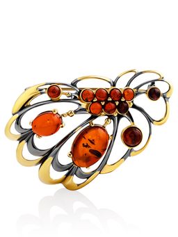 Нарядная брошь из натурального коньячного янтаря Крылышко