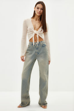 Ekru Premium Dokulu Fitted/Vucuda Oturan Baglama Detayl? Esnek Orme Bluz TWOSS24BZ00015