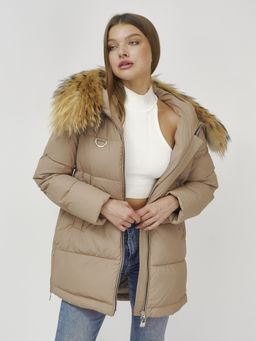 Куртка Бренд Visdeer ПРЕМИУМ КЛАССА зимняя с мехом ЕНОТА, бежевого цвета  фото 19