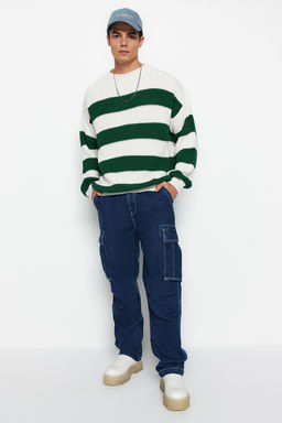 TRENDYOL MAN Koyu Yesil Casual Oversize Fit Genis Kal?p Bisiklet Yaka Cizgili Triko Kazak TMNAW23KZ00106 - Trendyolmilla фото 32