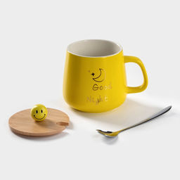 Кружка керамическая «Смайл», 350 мл, с деревянной крышкой и ложкой, цвет и рисунок МИКС