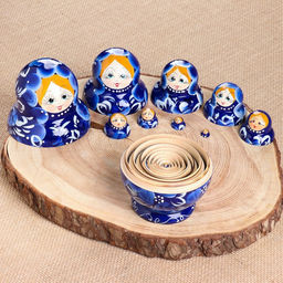 Матрёшка дерево «Гжель», синее платье, 10 кукольная, 13 см, ручная роспись