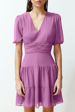 Pembe Belden Ac?lan Volanl? Sifon Astarl? Mini Dokuma Elbise TWOSS24EL00634 - Trendyolmilla фото 4