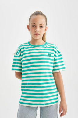 K?z Cocuk Oversize Genis Kal?p Bisiklet Yaka Bask?l? K?sa Kollu Tisort