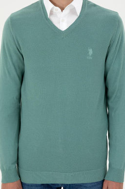 Erkek Slim Fit V Yaka Mint Basic Kazak