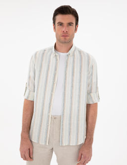 A__k Mavi Slim Fit _izgili Yakas_ D__meli %100 Keten G_mlek