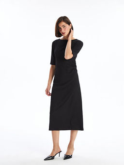 Bisiklet Yaka Dokulu Elbise