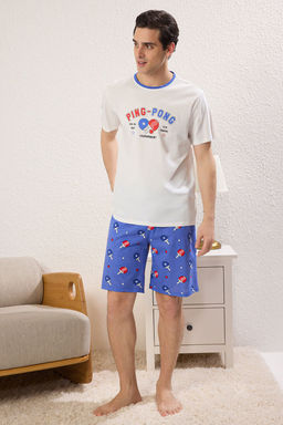 TRENDYOL MAN Ekru -Mavi Regular Fit Spor Temal? Orme Sortlu Pijama Tak?m? TMNSS25PT00014