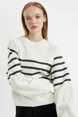Coool Oversize Genis Kal?p Bisiklet Yaka Cizgili Kal?n Sweatshirt