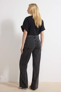 Siyah DOKUMLU Tasl? Dikis Detayl? Yuksek Bel %100 Pamuk Wide Leg Jeans TWOSS26JE00079 - Trendyolmilla фото 4
