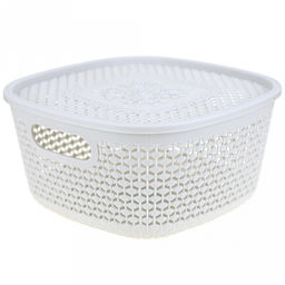 "Домашняя мода" Корзина-ящик пластмассовая "Оренбургская сеточка" 22,5х22,5см h11,5см, крышка с декором, с ручками, светло-серый (Китай)