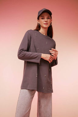 Футболка-туника с длинными рукавами из чесаного хлопка с круглым вырезом и вышивкой обычного кроя - Defacto фото 2