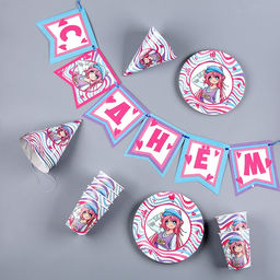 Набор бумажной посуды Аниме, фуксия: 6 тарелок, 1 гирлянда, 6 стаканов, 6 колпаков