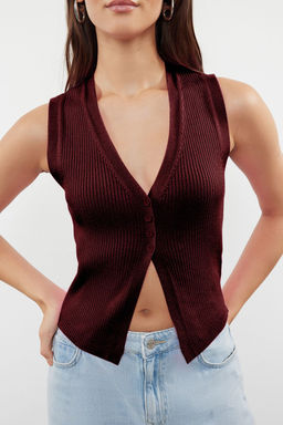 Bordo Premium Iplik / Ozel Iplik Crop Yelek TWOSS24BZ00258