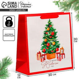 Цена за 2 шт. Пакет подарочный новогодний ламинированный квадратный Happiness, 30?30?12 см