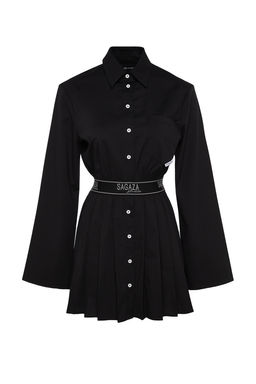 Trendyolmilla X Sagaza Studio Siyah Belden Ac?lan/Skater Beli Lastikli Piliseli Poplin Elbise TCLAW24EL00000