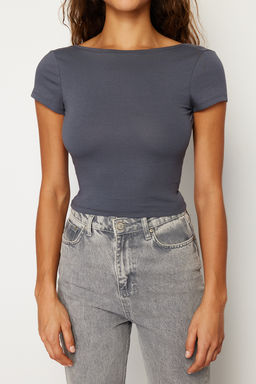 Trendyolmilla Siyah S?rt Dekolteli Crop Pamuklu Esnek Orme Bluz TWOSS23BZ00912 фото 6