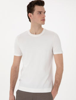 Ekru Slim Fit Bisiklet Yaka Triko Ti__rt