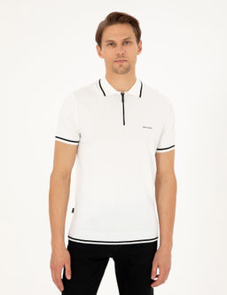 Ekru Slim Fit Fermuarl_ Polo Yaka Y_n Kar___ml_ Triko Ti__rt
