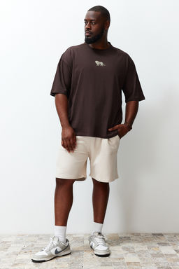 Trendyolmilla Man Buyuk Beden Koyu Kahverengi Oversize Hayvan Bask? ve Nak?sl? %100 Pamuklu T-Shirt TMNSS24BF00018  фото 2