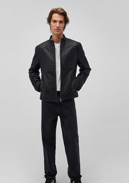 Dik Yaka Siyah Suni Deri Ceket