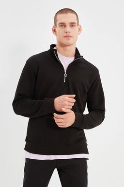TRENDYOL MAN Siyah Regular/Normal Kesim Dik Yaka Fermuar Detayl? Basic Pamuklu Sweatshirt TMNAW22SW0188 - Trendyolmilla фото 2
