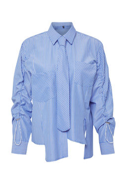 TRENDYOLMILLA Limited Edition Mavi Kravat Detayl? Cizgili Dokuma Gomlek TWOSS25GO00118