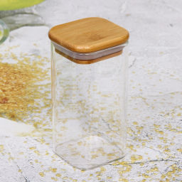 Цена за 2 шт. Банка для продуктов стеклянная 300мл "Хай-Тек" с бамбуковой крышкой, квадратная 6*12см