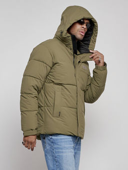 Куртка молодежная мужская зимняя с капюшоном цвета хаки 8356Kh