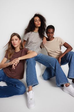 Kahverengi-Bej-Haki Cizgili 3lu Paket Basic Bisiklet Yaka Orme T-Shirt TWOSS20TS0146