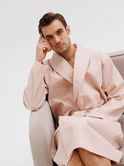 Мужской вафельный халат с шалькой бежевый В-04 (31)