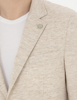 Bej Slim Fit Keten Kar___ml_ _izgili Tak_m Elbise