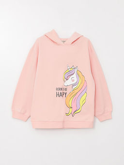 Kap??onlu Bask?l? Uzun Kollu K?z ?ocuk Sweatshirt