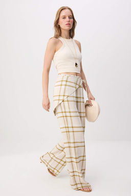Bej Keten Kar___ml_ Ekoseli Beli _all_ Pantolon TWOSS26PL00241