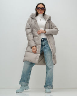 Пальто зимнее утепленное с капюшоном женское бежевого цвета 7618B