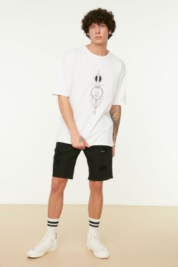 Siyah Oversize/Genis Kesim Geometrik Bask?l? %100 K?sa Kol T-Shirt TMNSS22TS0155