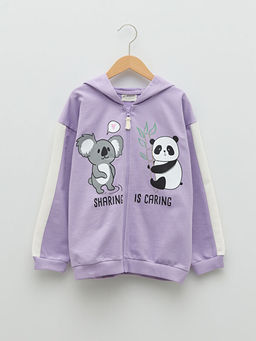 Kap??onlu Bask?l? Uzun Kollu K?z ?ocuk Fermuarl? Sweatshirt