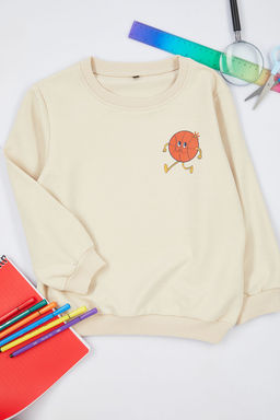 Bej Erkek Cocuk Mevsimlik-Ince Eglenceli Desenli Bisiklet Yaka Orme Sweatshirt TKDAW25SW00005
