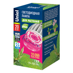 LED-M80-20W/SP/E27/CL ALS55WH Лампа светодиодная для растений, IP54. Форма "M", прозрачная колба. Материал корпуса алюминий. Упаковка картон.